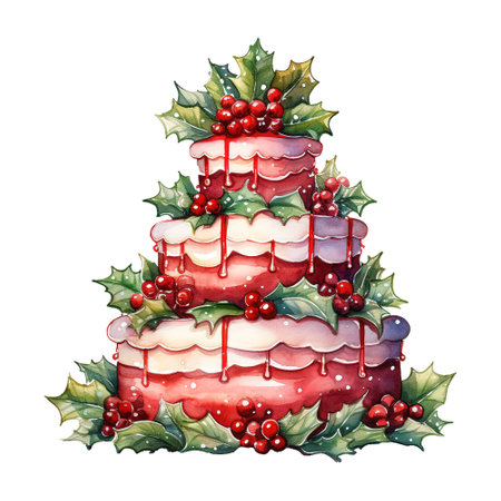 watercolor christmas cake with holly and berriesの素材