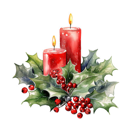 two red candles with holly leaves and red berriesの素材
