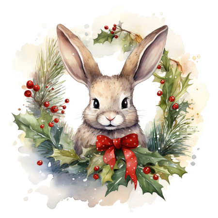 watercolor christmas bunny with wreathの素材