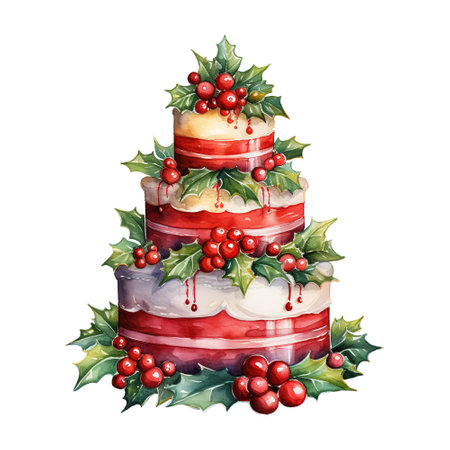 watercolor christmas cake with holly and berriesの素材