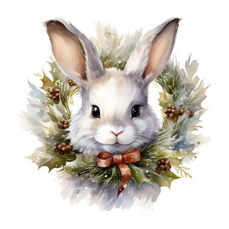 watercolor christmas bunny with wreathの素材