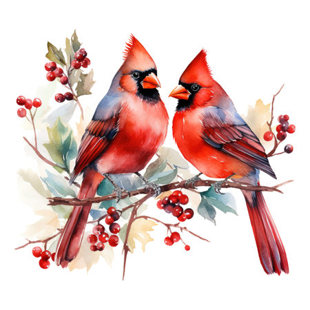 red cardinal sitting on a branch with berriesの素材