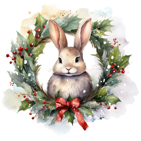 watercolor christmas bunny with wreathの素材