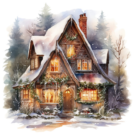 watercolor of a house with a snowの素材