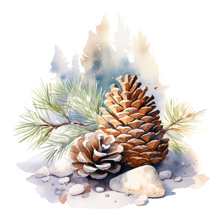 watercolor pine cone and pine tree. AI generated imageの素材