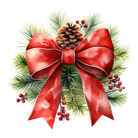 christmas wreath adorned with pine cones and a red bow. AI generated imageの素材