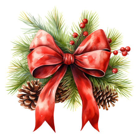 christmas wreath adorned with pine cones and a red bow. AI generated imageの素材