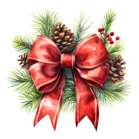 christmas wreath adorned with pine cones and a red bow. AI generated imageの素材