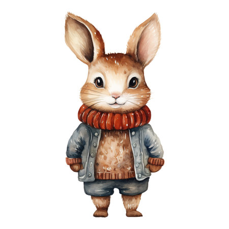 watercolor of a rabbit wearing a sweater. AI generated imageの素材