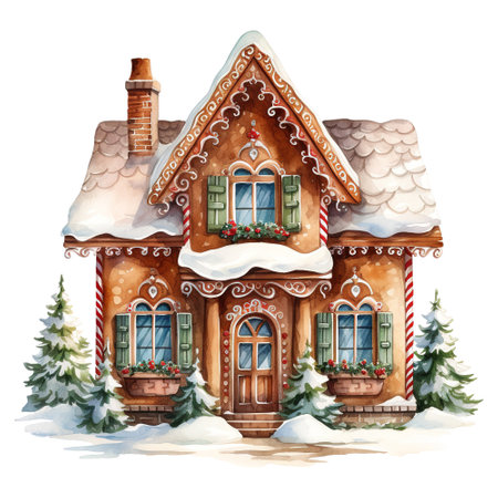 gingerbread house with pine decoration. AI generated imageの素材