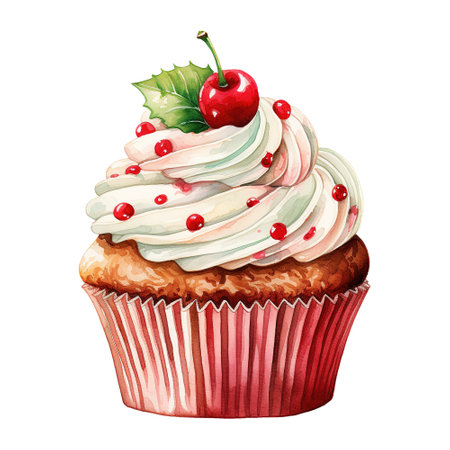 cupcake with cream frosting and cherries. AI generated imageの素材