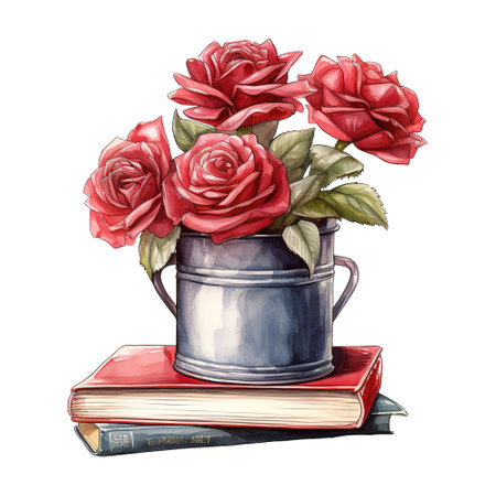 Bucket of Red Roses on a Stack of Books. AI Generated Imageの素材