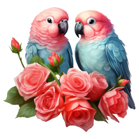 Two Parakeets with Roses. AI Generated Imageの素材