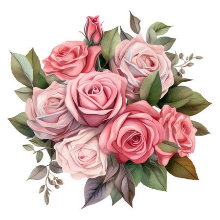 Bouquet of Pink Roses with Green Leaves. AI Generated Imageの素材