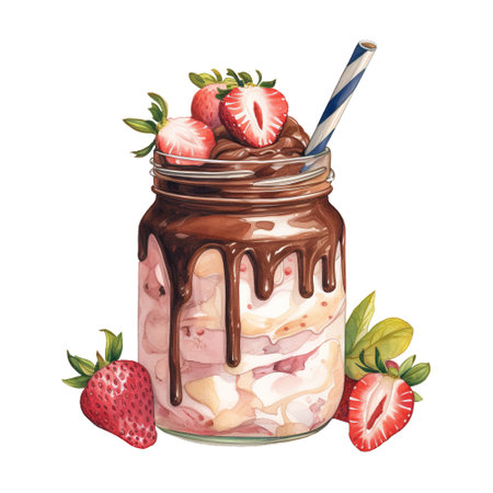 Chocolate Milkshake with Strawberries and a Straw. AI Generated Imageの素材