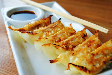 gyoza on white plateの写真素材
