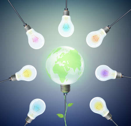 Eco energy concept, group of bulbs and green globe Earth inside