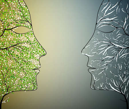 two seasons concept, winter and spring face, young and old skin face idea, healthy and problem skin concept, two woman faces,vector,のイラスト素材