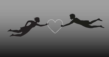 boy and girl flying with white heart.のイラスト素材