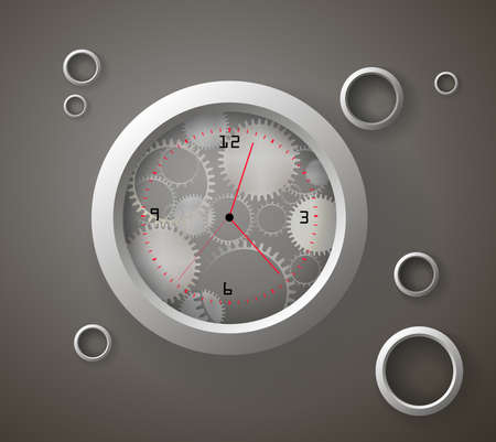 transparent mechanical ring watch with red hand-hour and metallic rings, abstract watch, vector,のイラスト素材