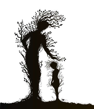 two tree silhouettes look like woman and kid or mother and child, plant surrealism, fairy tree silhouettes, big and small tree soul on white background, vector.のイラスト素材
