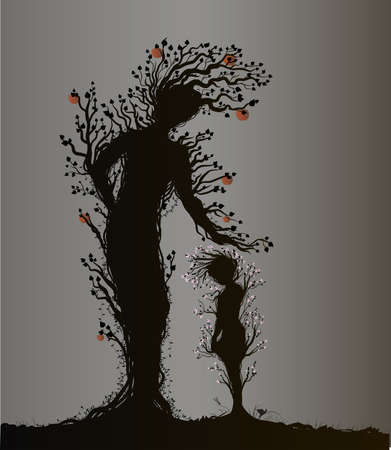 two tree silhouettes look like woman and kid or mother and child, plant surrealism, fairy tree silhouettes, big and small tree soul on white background, vector.のイラスト素材
