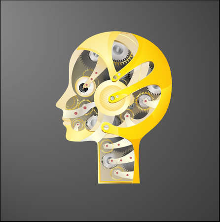 golden robot woman or man head on dark background, cyborg portrait or life without emotions, vector,のイラスト素材