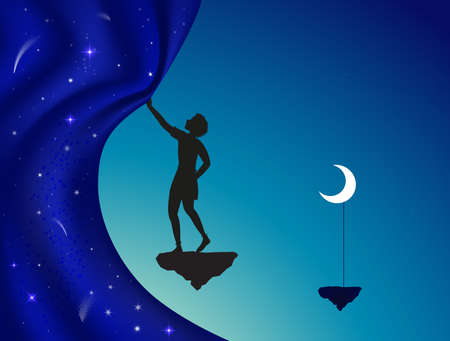 close or open the night curtain, silhouette, boy or young wizard standing on flying rock with moon on stick and close or open fairy night curtain, vectorのイラスト素材