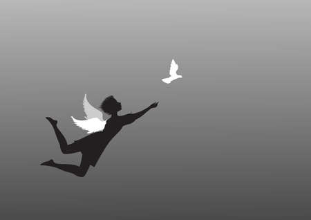 girl angel try to catch the white pigeon on flying rock, white pigeons and angel girl on flying rock, scene on heavens or wonderland, black and whiteのイラスト素材