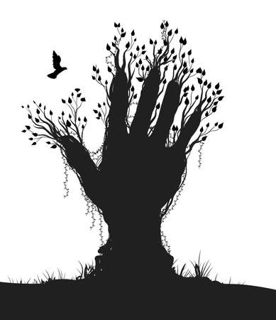 hand like tree and pigeon fly to it, nature hand, scared forest icon, black and white, halloween, vector, shadowsのイラスト素材
