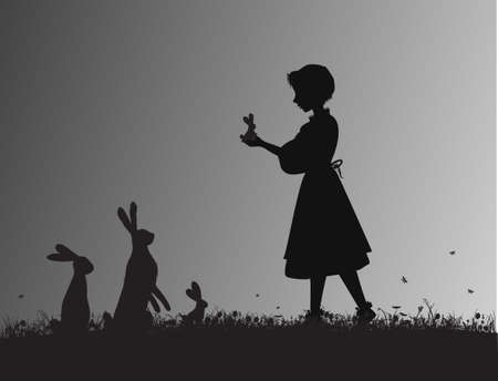 girl holding small hare or rabbit hare on the flowering meadow black and white, silhouette animal family, shadows, Alice s friendsのイラスト素材