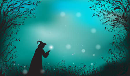 Deep fairy forest silhouette and witch with magic wand, halloween fairy.のイラスト素材