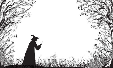 deep fairy forest silhouette and witch with magic wand.のイラスト素材