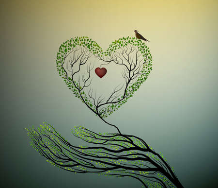 Heart of nature, treelike icon. A hand holding green heart to protect forest concept.のイラスト素材