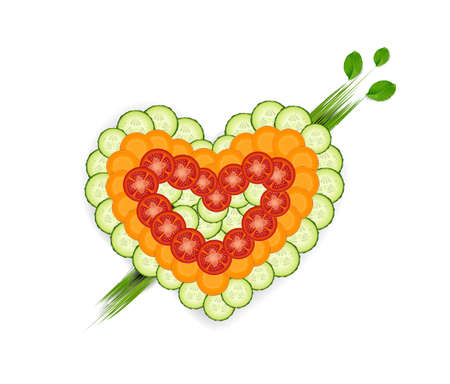 set of vegetable in heart shape, we love vegetables idea, vector, we love healthy food idea,のイラスト素材