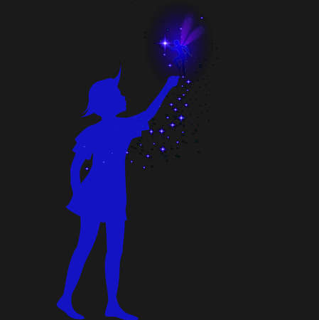 peter pan silhouette with fairy and blue sparckle,の写真素材