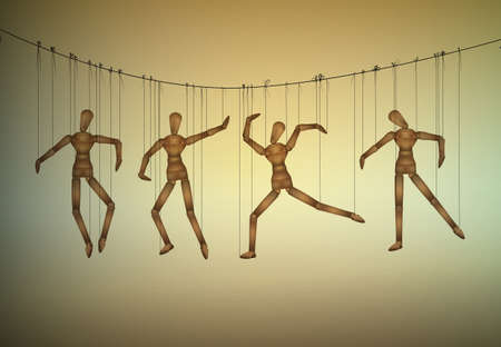 Many marionette in different positions hanging on the threats, manipulate the people concept,のイラスト素材