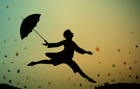 Young man jumps and holding the umbrella, autumn rush time, jumping for joy,のイラスト素材