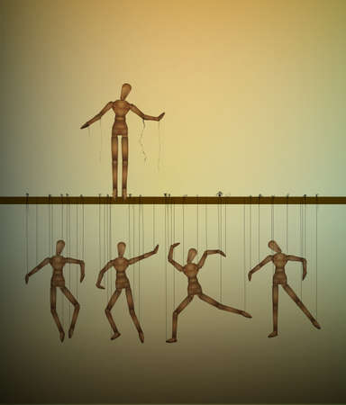 be free concept, one marionette without the thread and many marionettes hanging,の写真素材