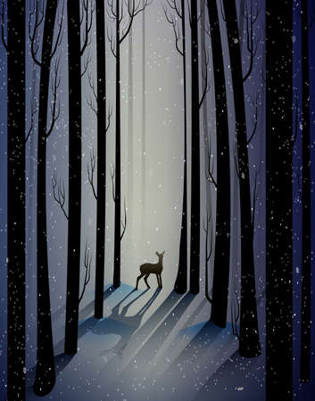 deep fairy frosty winter forest with lonely young deer, shadows,のイラスト素材