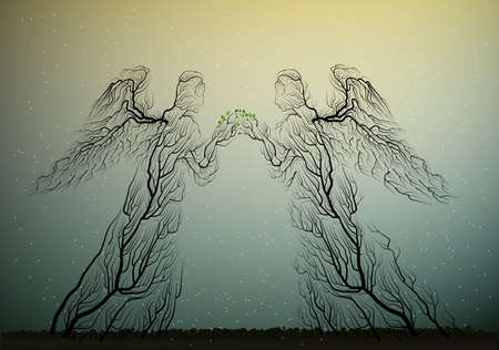 tree silhouettes looks like an angels, people like plant, surrealism,のイラスト素材