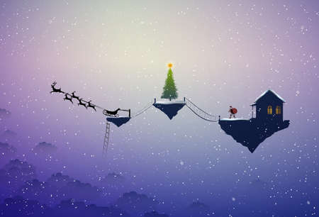 Santa house, Santa goes to sleigh with deers from the house, Christmas on heavens, Santa scene,のイラスト素材