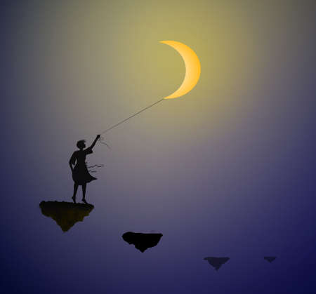 girl with white moon standing on the flying rock, hold the moon on the sky, life on the flying rock, shadows,のイラスト素材