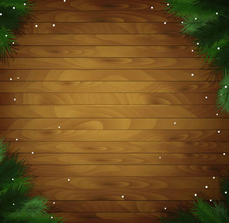Wooden holiday background with snow and Christmas tree branches, vectorのイラスト素材