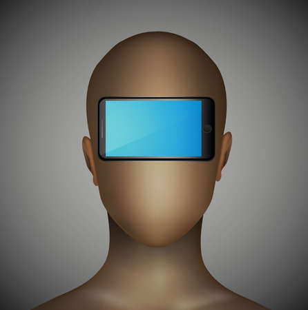 smartphone inside the man head, problem of the normal communication only device using, person and smartphone, vectorのイラスト素材