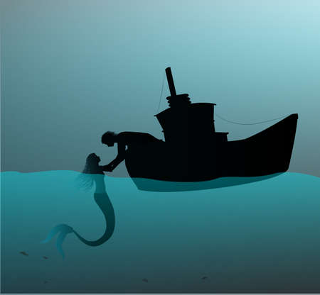 Mermaid and man on boat illustration.のイラスト素材