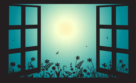 Open window in early morning summer garden, sun rise,のイラスト素材
