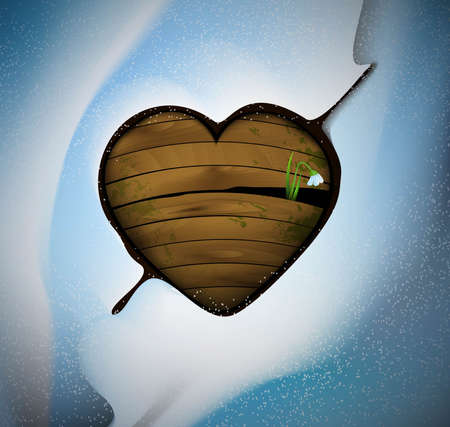 First love concept, spring romantic idea, wodden heart with flower snowdrop sprout inside,のイラスト素材