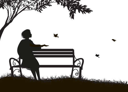 Girl sitting on the bench under the tree and feed sparrows, shadows, silhouette on white backgroundのイラスト素材