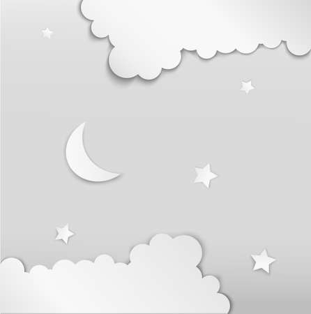 White night, paper moon and stars between the white cloud, white decoration,のイラスト素材